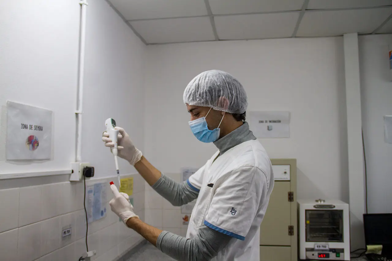 Técnico del laboratorio de SASA realizando un análisis con micropipeta